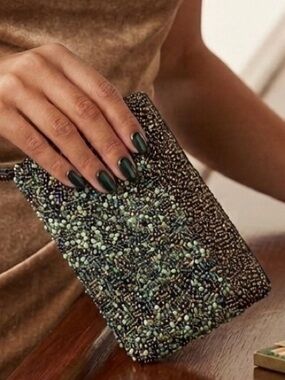 Beaded Evening Wristlet Clutch in Dark Green Festival Fairy Event Art to Wear